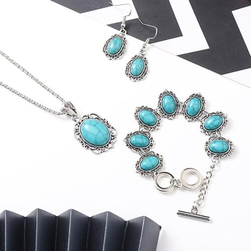 1 Set Antique Oval Jewelry Vintage Silver Color Bracelet Earring Pendant Necklace For Women Banquet Gift Green Stone Jewelry Set