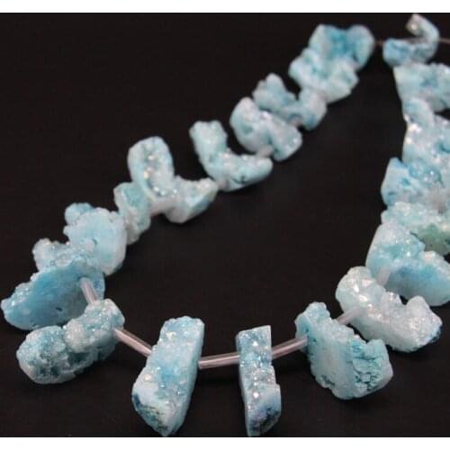 15.5"Strand Light Blue Natural Quartz Druzy Geode Top Drilled Slice Loose Beads,Raw Agates Drusy Slab Nugget Point Pendants