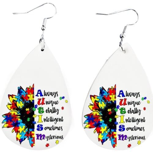 2021 New Style Leather Earrings Autism Awareness Sunflower Drop Earrings
