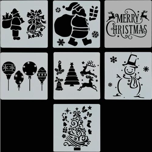 7pcs Christmas Drawing Stencil For Painting Santa Claus Snowman Deer Hollow PET Mold DIY Kids Toys Reusable Graffiti Template