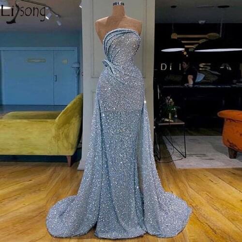 Shiny Sequins Mermaid Evening Dress 2020 Dusty Blue Strapless Long Prom Dresses Sparkly Formal Party Gowns Robe de soiree
