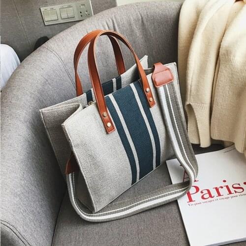 Burminsa Stripe Canvas Tote Bags For Women Wide Strap Work Female Shoulder Bags Causal Large Capacity Girls Handbags Summer 2020