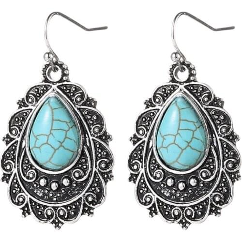 Ethnic Style Silver Plated Water Drop Green Turquoises Stone Dangle Earrings for Women Antique Jewelry