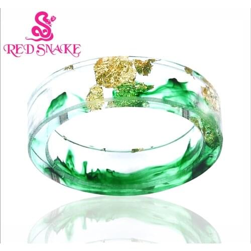 RED SNAKE Fashion Pure Manual Golden Flower with Green Cloud shape Inside Transparent Resin Ring for Women Men Rings