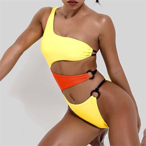Bathing Suit Women Sexy One-Piece Swimwear Hollow Out Contrast One shoulder Swimsuit Bikini Swimming Suit For Women Beachwear
