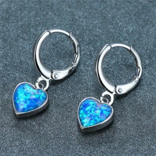 Trendy Love Heart Hoop Earrings Cute Female White Blue Opal Stone Earrings Vintage Bride Silver Color Wedding Earrings For Women