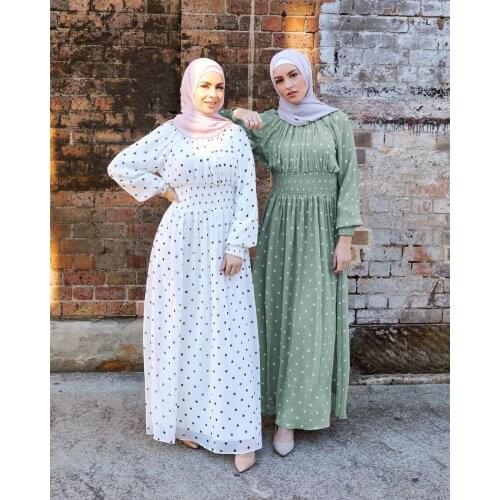 Fashion Polka Dot Corset Chiffon long dress Fresh Green Stand Collar Long Sleeve Maxi Dresses White Muslim Women Eid HB660