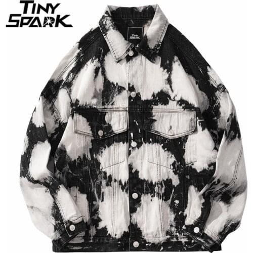 Men Hip Hop Denim Jacket Coat Streetwear Tie Dye Denim Jacket Coat 2021 Harajuku Cotton Casual Autumn Jacket Coat Outwear Black