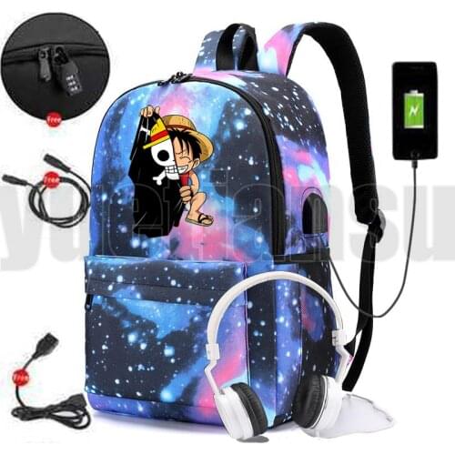 New Softback Zipper School Bags for Teenage Girls ONE PIECE Backpack USB Charging Bag Anti-theft Anime Monkey D.Luffy Bag