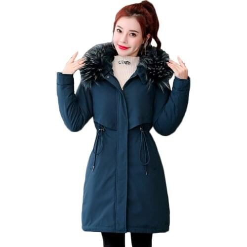 2021 Winter New Down Cotton Coat Ladies Korean Mid-length Parka Outerwear Hooded Fur Collar Loose Thick Slim Coats Female JD1461