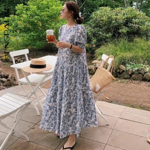 SHENGPALAE 2021 New Summer Women Vintage Loose High Waist Slim Was Thin Elegant Sketch Printing Puff Sleeve Maxi Dress ZA4861
