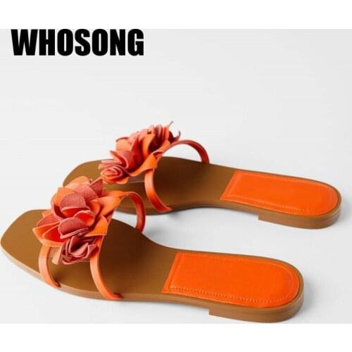 New Summer Women Slippers Woman Flower Outside Shoes Girls Slides Ladies Pu Leather Flats Female Orange Brand Slides Soft Mules