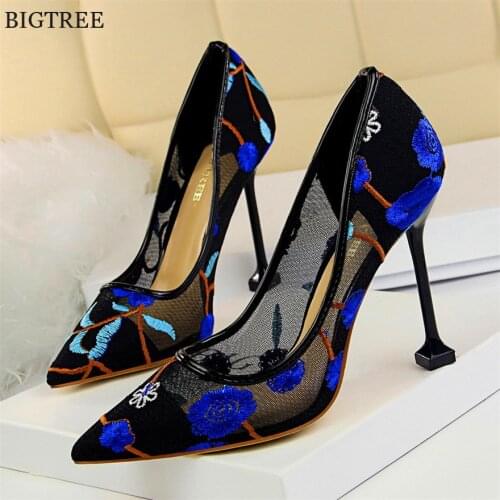 Lace Flower Sexy Women Pumps 2021 Spring Pointed Toe Hollow Mesh High Heels Shoes Woman Shallow Party Office Lady Shoes Fashion