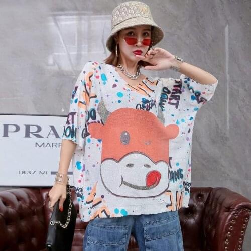 2119 New Summer Short Sleeve Knitted T-shirt Vintage European Pullover Women Print Streetwear Style Oversized Women Tops