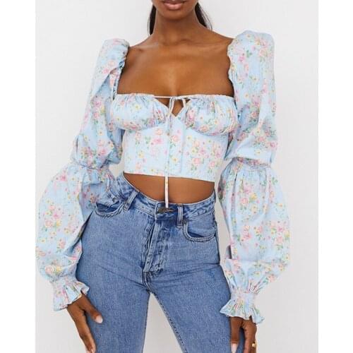 Puff Sleeve Floral Blouse Vintage Women Tie-up Square Collar Ruched Chest Wrap Crop Tops Fashion Chic Backless Pullovers