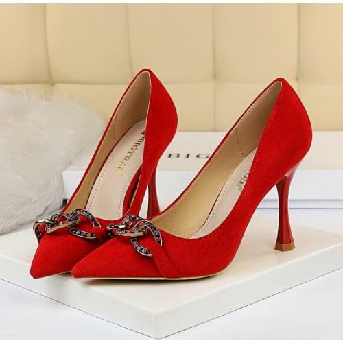 2020 Women 9.5cm High Heels Wedding Bridal Prom Pumps Lady Scarpins Crystal Yellow Stripper Luxury Red Sexy Office Tacons Shoes