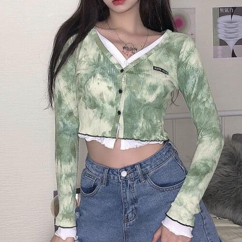 2020 Autumn New Letter Embroidery Tie-dye Stitching Contrast Color Fake Two Pieces of Thin V-neck Cropped Cardigan Shirt Women