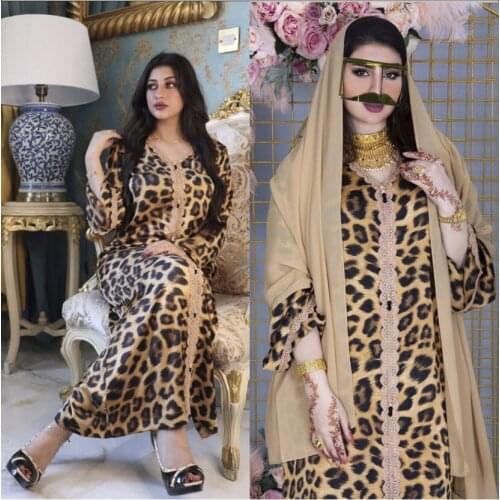Ramadan Eid Mubarak Jalabiya Leopard Print Maxi Dress Women 2021 Lace Arabic Oman Dubai Muslim Islamic Clothing HB736