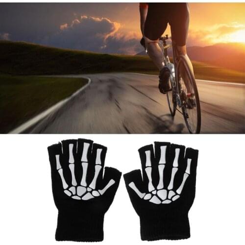 2021 Printing Fluorescent Skeleton Skull Knitted Half Finger Glove Cool Autumn Winter Black Ridding Knitting Gloves for Children