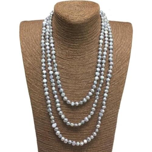 3 rows real pearl 6x7mm gray necklace flat baroque Freshwater PEARL Women Jewelry 43cm 17