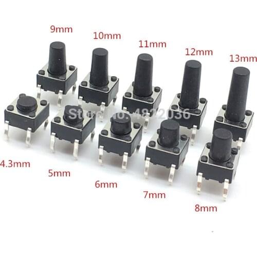 50pcs/lot Touch Key Micro Switch 6x 6x 4.3/5/6/7/8/9/10/11/12/13MM Push Button Tact Switch 4pins vertical DIP sets
