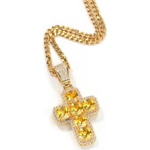 THE BLING KING Yellow Stones Fashion Cross Tennis Chain Green Pendant Copper Zirconia Beautiful Jewelry
