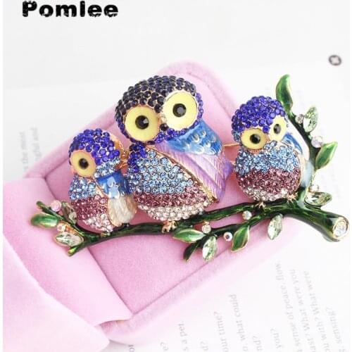 Pomlee 2 Colors Full Rhinestone Family Owls Brooches For Women Fashion Stand Branch Bird Party Office Brooch Pin Gifts Whosales