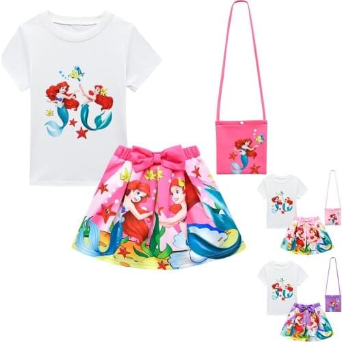 Disney Mermaid Cartoon Printing Childrens Girls Skirt Suit T-shirt Short Sleeve Skirt Bag Mermaid Three-Piece Set