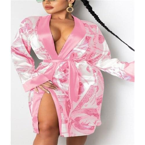 Womens Long Sleeve Satin Robe Ladies Trendy Dollar Print Silky Kimono Bathrobe Sleepwear with Belt Fashion Nightwear 2020