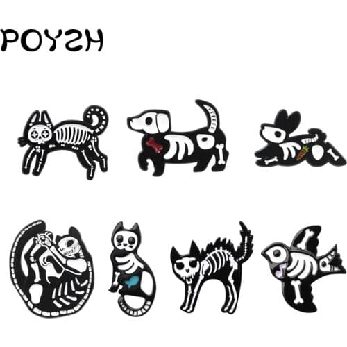 Gothic Animal Bone Clothes hats badges cat Rabbit bird skeleton Crossbones Enamel Lapel Pin Fashion brooches for men women