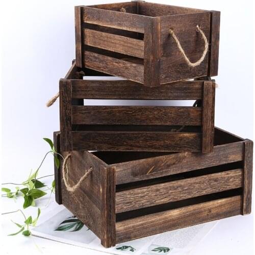 Creative Household Wooden Rectangular Storage Basket with Rope Handle Vintage Rustic Hollow Out Organizer Bin Box Crates