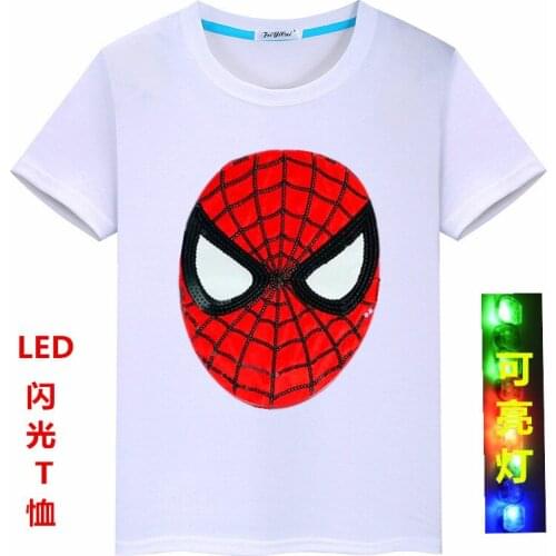 Disney Summer Fashion Trend Cartoon Spider-Man Boy Sequined LED T-shirt Cotton Short Sleeve Top