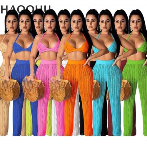 2021 Summer Beach Outfits Adogirl Fishnet Knitted Two Piece Set Hollow Out Halter Bra + High Waist Wide Leg Pants Matching Set