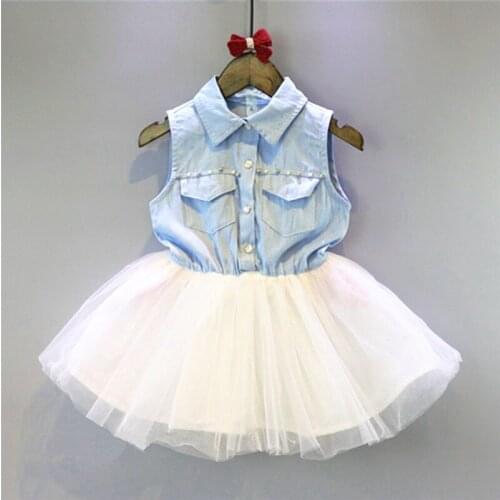 Hot sale 2019 children Girls summer fashion sleeveless beads pockets denim mesh princess dress 2-7 years