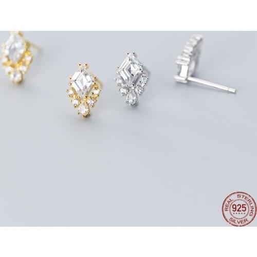 LKO 925 Sterling Silver Stud Earrings Light Luxury Inlaid Zircon Simple Geometric Diamond-Shape Ear Ornament For Women Wedding