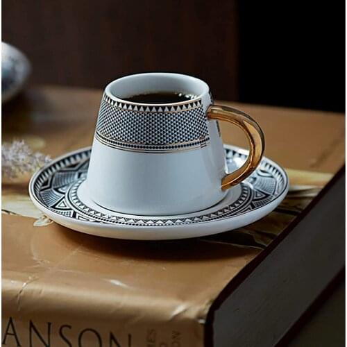 Globe Turkish Greek Arab Coffee Cup Set Espresso Black White Gold Patterned Porcelain Modern 12 Piece