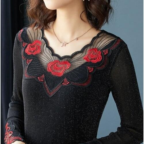 New 2021 Autumn winter long sleeve Mesh tops Fashion casual Embroidered Women t-shirts M-5XL Plus size womens shirt blusas