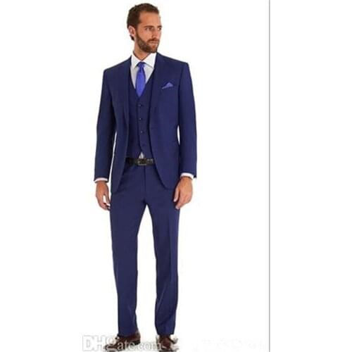 New elegant mens suit Tailored Made One Button Bule Peak lapel Groom Tuxedos Best Man Groomsmen Mens suit 3 piece set (jacket