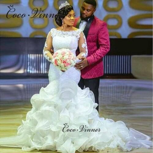 Boat Neck Full Sleeves African Wedding Dress Mermaid Style Lace Appliues Organza Tiered Plus Size Wedding Gown W0692
