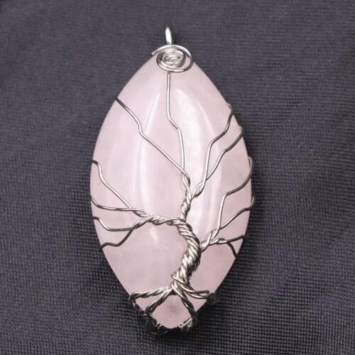 Charms Drop Pendant Tree of Life Wire Wrap Natural Stone Pink Jades Jaspers Pendants Pendulum Health Amulet Craft Jewelry A843