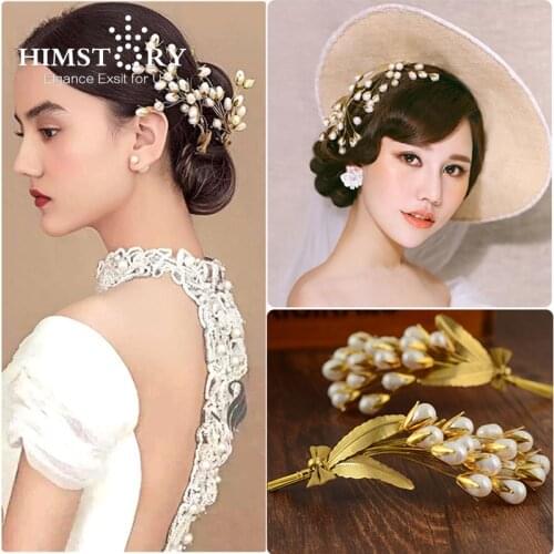 HIMSTORY 2PCS Gorgeous Golden Hairpins Artificial Pearl Handmade Bride Jewelry Wedding Hairpins Hair Ornaments