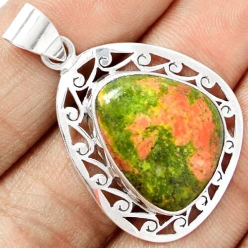 Hand make Genuine Unakite Pendant 100% 925 Sterling Silver Jewellery 44mm 7.3g AP0401