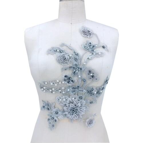 Handmade gray Hot drilling Rhinestone beaded lace embroidery patch applique wedding dress bordados DIY Performance clothing