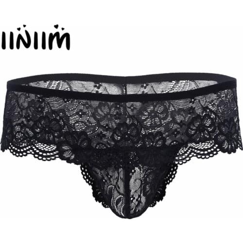 Iiniim Sexy Mens Lingerie Panties Lacework Open Butt Bulge Pouch G-string Bikini Low-rise Gay Breathable Brief Underwear