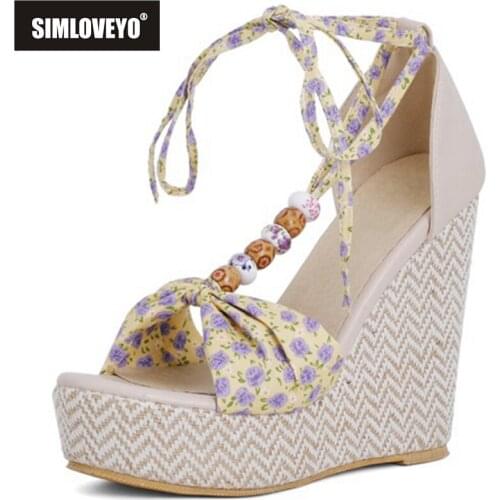 SIMLOVEYO 2021 Ethnic Beading Sweet Open Toe Cover Heel Ankle T Strap Floral 12.5cm Wedge Sandal With Platforms Size 30-48 Green