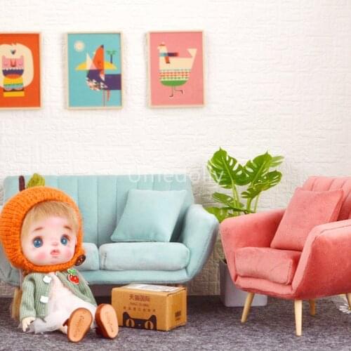 Cute 1/12 Scale Miniature Dollhouse Sofa with Pillow for BJD OB11 Doll House Mini Furniture Accessories