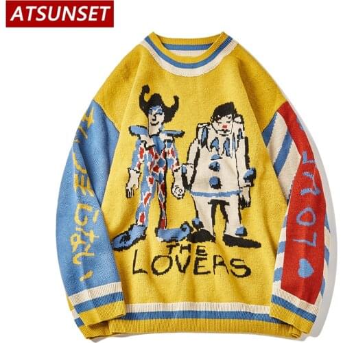 ATSUNSET Cartoon Clown Embroidery Sweater Harajuku Retro Style Knitted Sweater Autumn And Winter Cotton Pullover Top