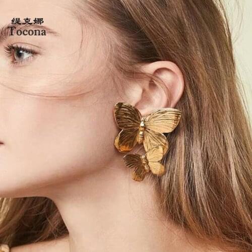 Tocona Fahion Double Layer Butterfly Drop Earrings for Women Lovely Animal Gold Dangle Earrings Jewelry Wholesale pendientes8949