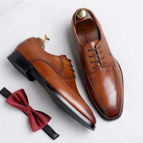 Mens Leather Shoes Color Polished Square Toe Mens Wedding Shoes Lace Up Black Brown Fashion Business Shoes Mens Dress Shoes