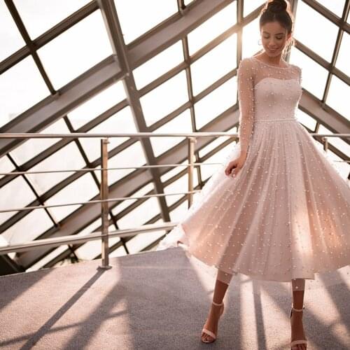 Vintage Illusion Long Sleeve Wedding Dresses 2021 Vestidos Pearls A Line Tea Length Country Bridal Gowns Cheap Custom Made